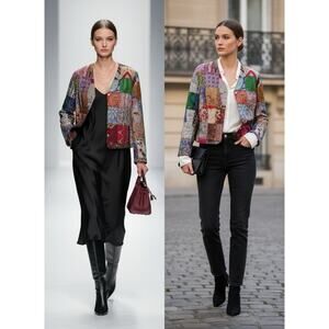 Sacred Threads Tribal Patchwork Tan Jacket w/Metal Buttons Size S/M Cotton Lined